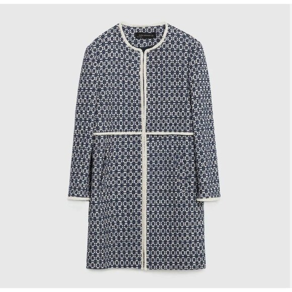 Zara Frayed printed tweed boucle coat blue ecru size Medium Long jacket blazer - Picture 1 of 6